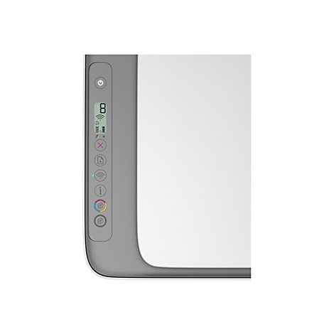 Nahaufnahme eines Druckers mit digitaler Anzeige, Knöpfen und Ein-/Ausschalttaste. Der Großteil des Bildes ist weiß.