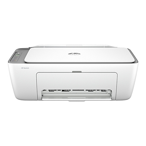 Weißer HP Deskjet Drucker, vorne betrachtet. Druckerkopf, Papierausgabefach, Logo und Bedienfeld sichtbar.