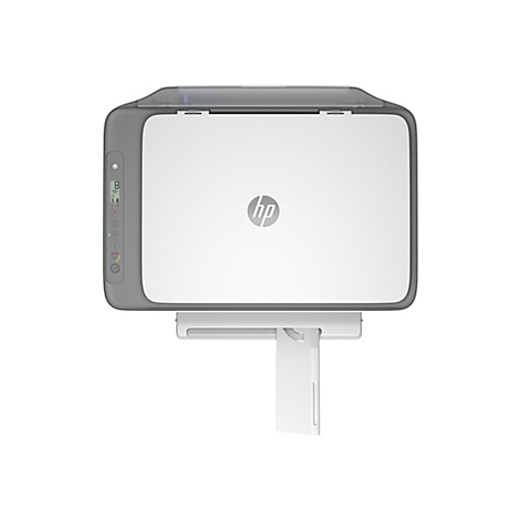 Draufsicht auf einen weißen HP Drucker mit grauem Rand. Der Drucker hat das HP Logo und eine Anzeige.