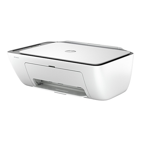 Weißer HP DeskJet Drucker, von vorne fotografiert. Das HP Logo ist auf der Oberseite zu sehen.