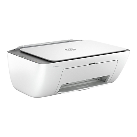 Ein weißer HP DeskJet Drucker vor weißem Hintergrund. Oben ist der Deckel leicht geöffnet. Auf dem Drucker steht HP DeskJet.