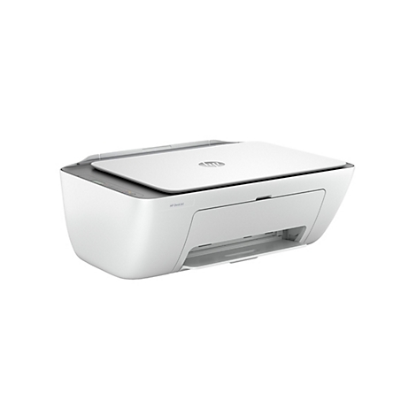 Une imprimante HP DeskJet blanche. Le couvercle est ouvert, logo HP en haut. L'imprimante est posée sur fond blanc.