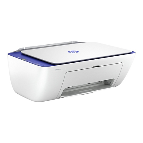 Une imprimante HP DeskJet blanche sur fond neutre. Le bleu est visible comme couleur d'accentuation sur le dessus et les côtés de l'imprimante.