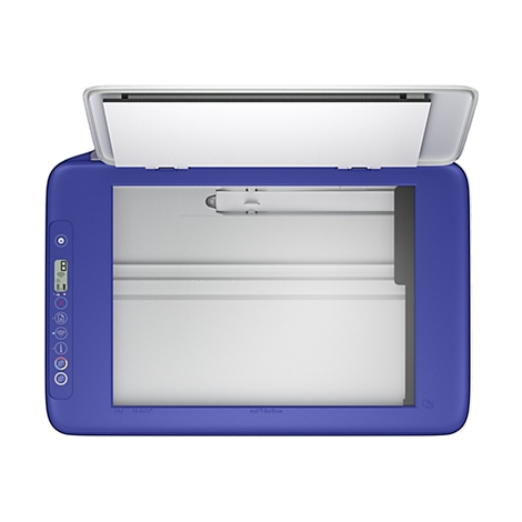 Scanner à plat bleu, couvercle ouvert, vu d'en haut. Sur le côté gauche se trouvent des boutons de commande et un écran.