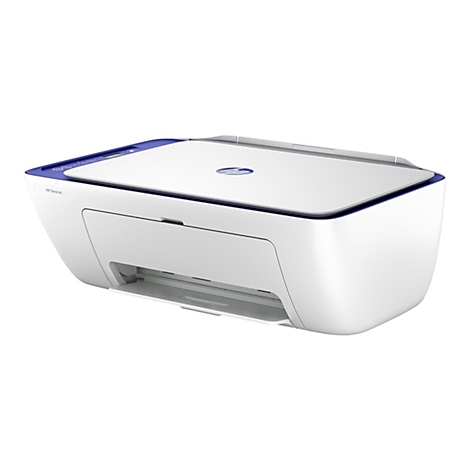 Une imprimante HP blanche avec des accents bleus sur fond blanc. Le logo HP est visible sur le boîtier.