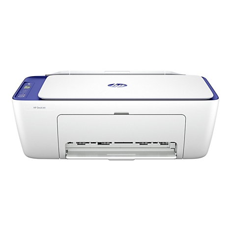 Imprimante HP Deskjet blanche avec couvercle bleu et logo sur fond blanc.