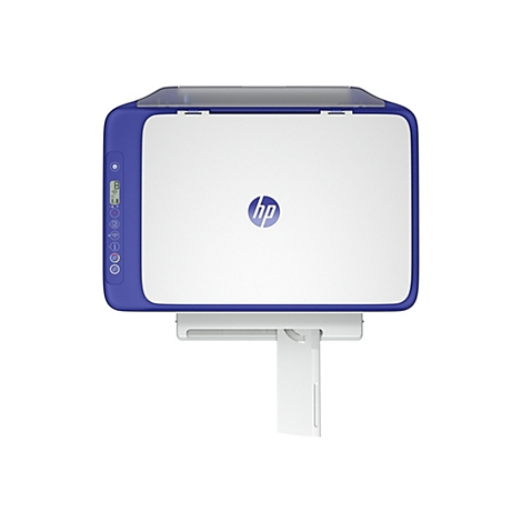 Imprimante HP blanche et bleue avec le logo HP au centre. Panneau de commande sur la gauche.