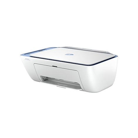 Ein weißer HP Deskjet Drucker mit blauem Deckel, diagonal von vorne rechts abgebildet.