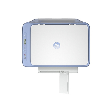 Imprimante HP bleu clair et blanche. Le logo HP est au milieu du couvercle. Panneau de commande à gauche, bac à papier en bas.
