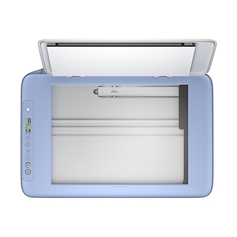 Vue de dessus d'un scanner bleu pâle. Le couvercle est ouvert. À côté se trouve un panneau de commande avec des icônes.