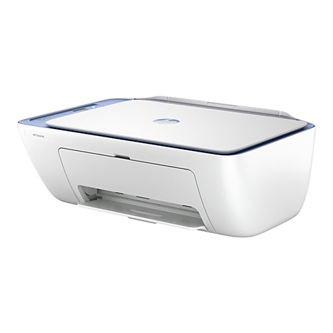 Imprimante HP DeskJet blanche avec couvercle bleu clair, vue en biais.