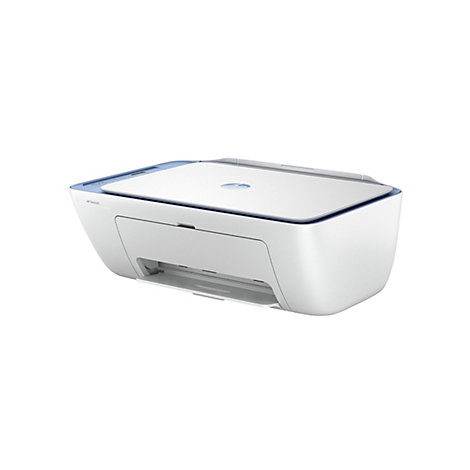 Une imprimante HP DeskJet blanche et bleue sur un fond blanc. L'imprimante est photographiée en perspective, depuis l'avant gauche.