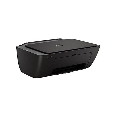 Schwarzer HP DeskJet Drucker vor weißem Hintergrund.