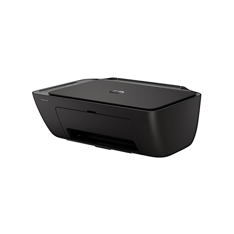 Schwarzer HP DeskJet Drucker, leicht schräg, vor weißem Hintergrund. Das HP Logo ist sichtbar.