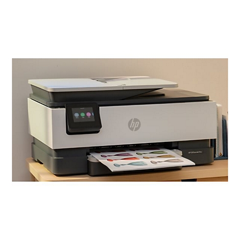 Une imprimante HP OfficeJet Pro blanche et grise, imprimant une feuille colorée. L'écran affiche des icônes colorées.