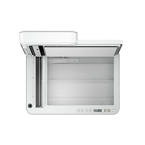 Vue de dessus d'une imprimante blanche. Le couvercle est ouvert. Divers symboles et un affichage numérique sont sur le panneau de commande.