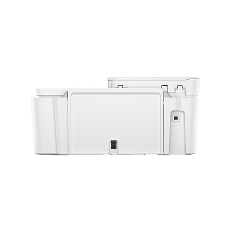 Gros plan d'une imprimante blanche sur fond blanc. Vue arrière visible, avec port USB et connexion d'alimentation.