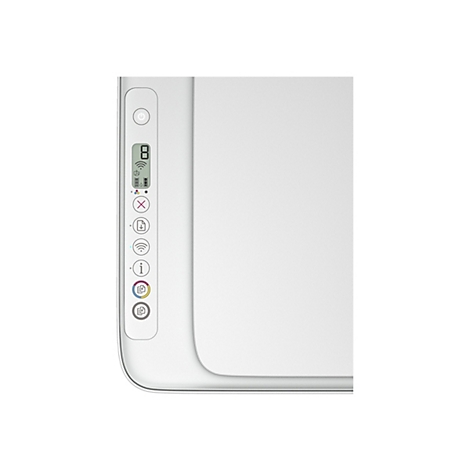 Gros plan sur une imprimante blanche, vue détaillée des commandes avec icônes et écran.