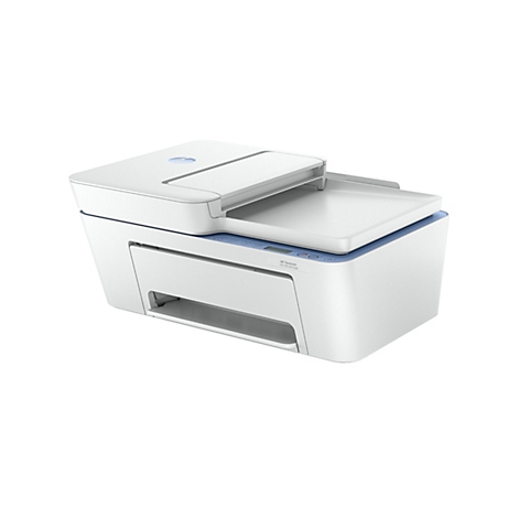 Imprimante à jet d'encre HP DeskJet blanche, partiellement ouverte, avec des accents bleus, sur fond blanc.