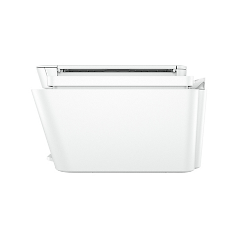 Nahaufnahme eines weißen Druckers. Oben und vorne sind Details der Papierausgabefächer zu sehen.