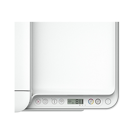 Nahaufnahme eines weißen Druckers, dessen Bedienfeld verschiedene Symbole und eine Digitalanzeige zeigt.