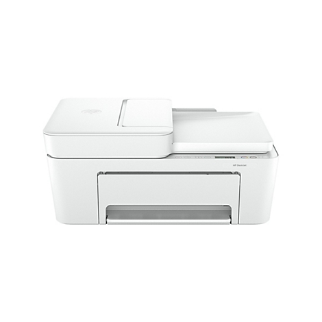 Imprimante HP DeskJet blanche, vue de face. Logo HP en haut, boutons de commande, texte 'HP DeskJet'.