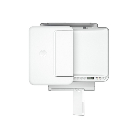 Imprimante HP blanche, vue de face. Plusieurs commandes, le logo HP et une alimentation papier sont sur la surface.
