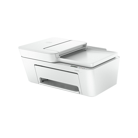 Imprimante HP DeskJet blanche, couvercle du scanner ouvert. Panneau de commande avec boutons et écran, logo. Avant avec alimentation papier.