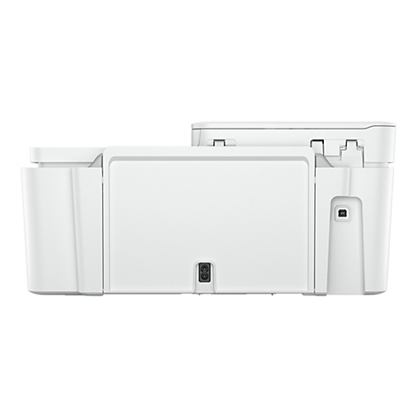 Imprimante blanche de forme rectangulaire sur fond blanc. Sur le côté droit se trouve une prise USB et à l'arrière une prise d'alimentation.