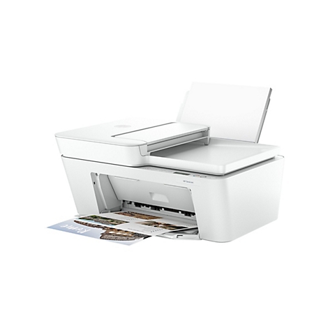 Une imprimante HP DeskJet blanche. Le bac de sortie papier est ouvert et imprime une feuille avec du texte et des images.