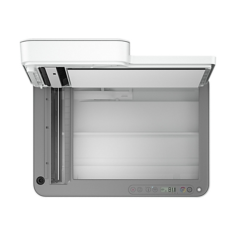 Draufsicht auf einen grauen Drucker mit angehobener weißer Abdeckung. Bedienelemente und Display unten rechts.