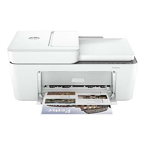 Ein weißer HP DeskJet-Drucker, der ein Dokument mit einer dreitägigen Reiseroute für Rom ausdruckt.