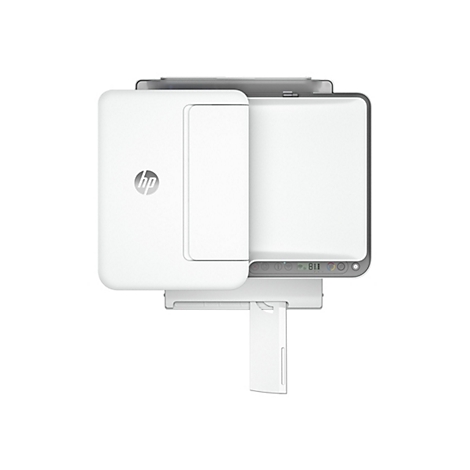 Ein weißer HP Drucker mit einem Display, Tasten und dem HP Logo. Der Papierschacht ist ausgezogen.
