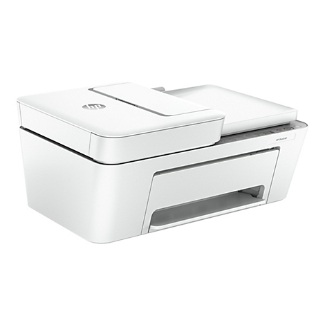 Weißer HP DeskJet-Multifunktionsdrucker, Ansicht von oben. Das HP-Logo und der Produktname sind sichtbar.