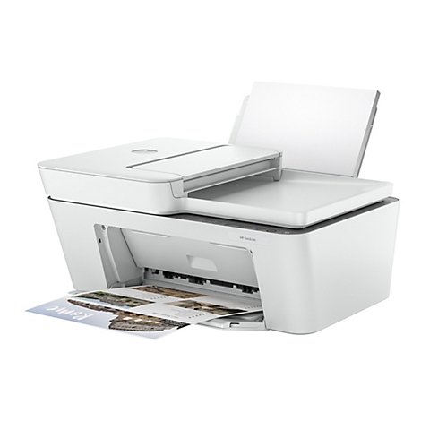 Ein weißer HP DeskJet Drucker mit geöffnetem Deckel. Eine bedruckte Seite mit "Rome" liegt im Ausgabefach.