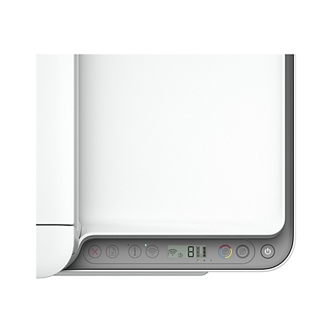 Nahaufnahme eines weißen Druckers mit einem Bedienfeld. Auf dem Panel befinden sich Symbole für verschiedene Funktionen. Das Panel zeigt eine digitale Anzeige.