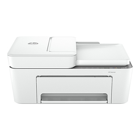 Weißer HP DeskJet Drucker, Ansicht von vorne. Druckkopf-Abdeckung geöffnet.