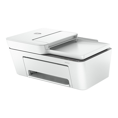 Weißer HP Deskjet-Drucker, Scanner, Drucker, Kopierer. Obere Abdeckung geöffnet, Bedienfeld.