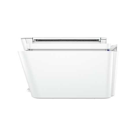 Nahaufnahme eines weißen Druckers. Die obere Abdeckung ist geöffnet und zeigt schwarze Elemente. Die Seiten sind abgeschrägt.