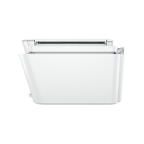 Seitenansicht eines weißen Druckers, vor weißem Hintergrund. Der Drucker hat eine eckige Form.