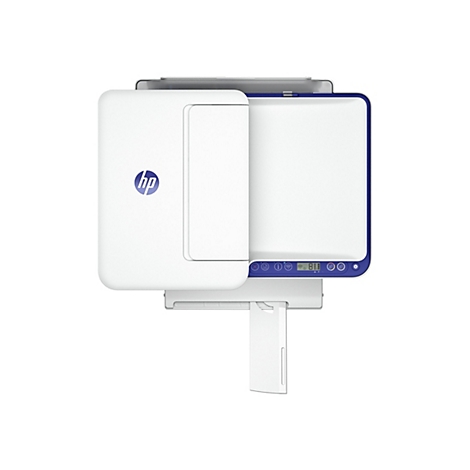 Weißer HP-Drucker mit blauem Rand und Bedienfeld. Sichtbar sind das HP-Logo, ein Papierausgabefach und ein LCD-Display mit Symbolen.