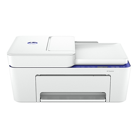 Weißer HP DeskJet Drucker mit blauem Akzent. Auf dem Drucker befinden sich das HP-Logo, Bedienelemente und der Schriftzug HP DeskJet.