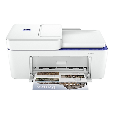 Weißer HP DeskJet-Drucker. Es wird ein Dokument mit dem Wort "Rome" ausgedruckt.