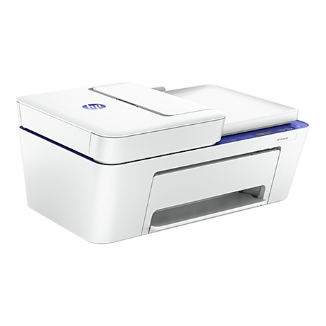 Ein weißer HP DeskJet Drucker vor weißem Hintergrund. Der Drucker hat blaue Akzente und das HP-Logo.