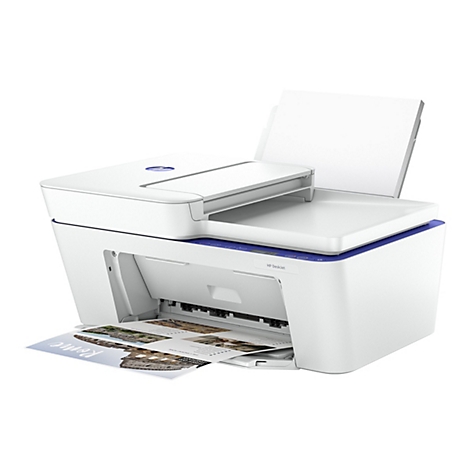 Ein weißer HP DeskJet Drucker druckt ein Papier mit einem Bild von Rom aus. Der obere Deckel ist geöffnet.