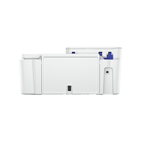 Gros plan d'une imprimante blanche posée sur fond blanc. Détails bleus.