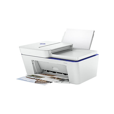 Une imprimante HP Deskjet blanche imprimant une feuille avec le mot "Rome" et une photo du Colisée. Le couvercle est ouvert.