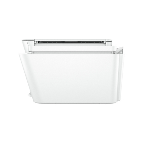 Gros plan d'une imprimante blanche sur fond blanc. L'imprimante est de côté, montrant le haut et l'avant.