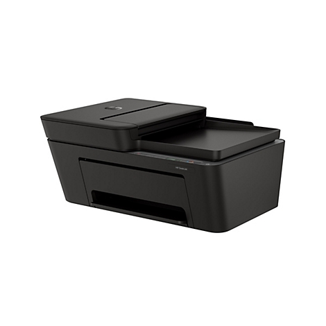 Schwarzer HP DeskJet Tintenstrahldrucker in einer 3/4-Ansicht vor weißem Hintergrund.