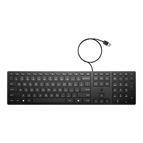 Schwarze kabelgebundene HP Tastatur im QWERTZ-Layout mit Ziffernblock und USB-Anschluss vor weißem Hintergrund.